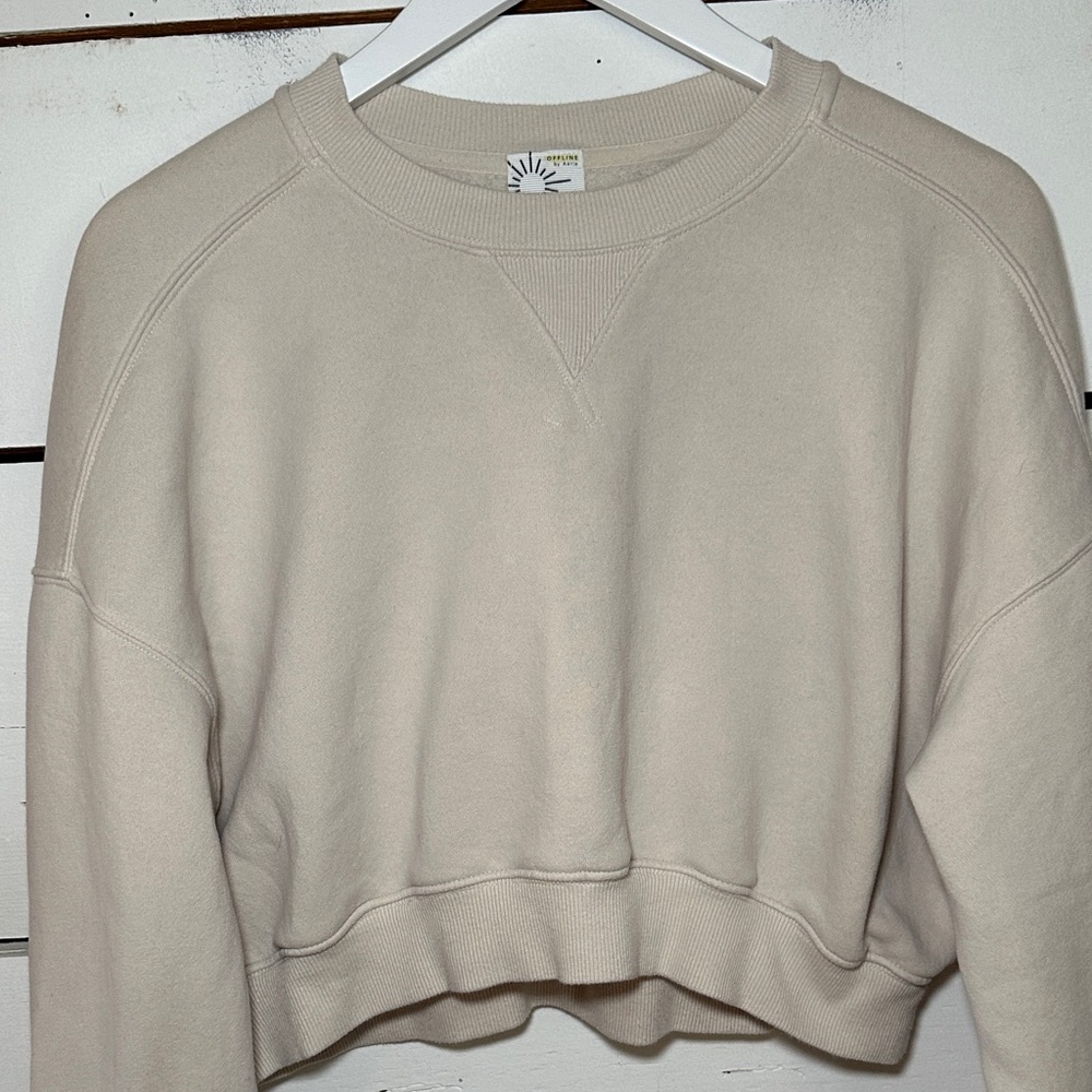 Offline by Aerie Beige Cloud Fleece Cropped Crewneck Sweatshirt - Picture 2 of 9